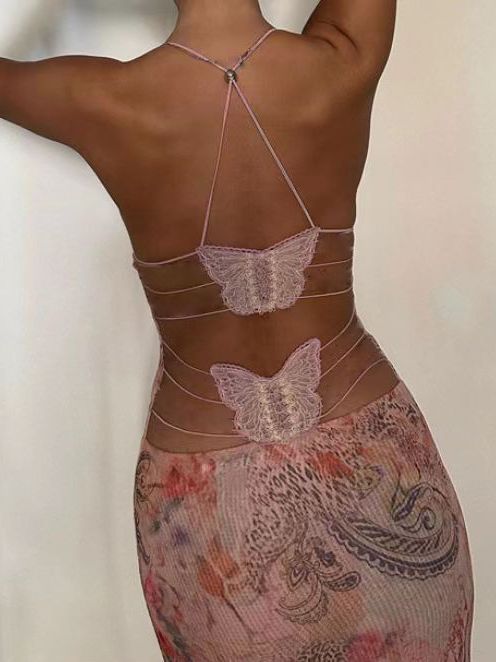 Sexy Slim Floral Print Halter Spaghetti Straps Butterfly Back Dress | Spring Summer Women's collection