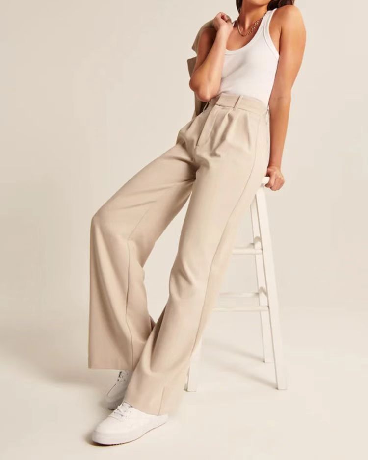 Women's High Waist Straight Casual Trousers with Pockets