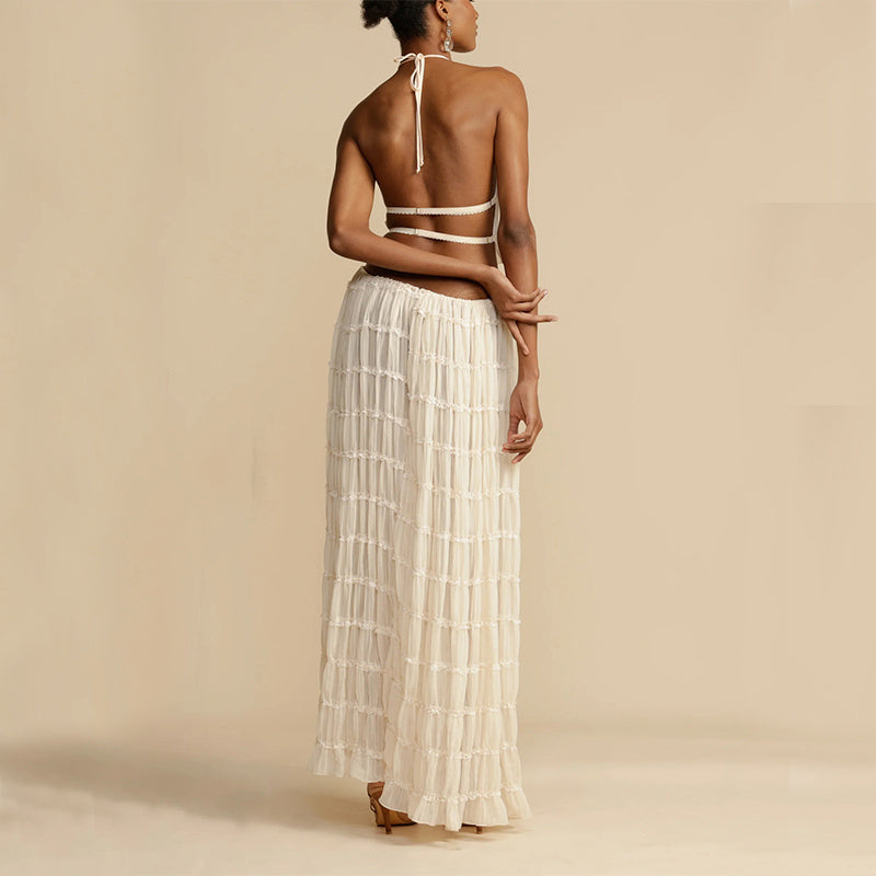 Sexy Sleeveless Backless Cropped Halter Top And Pleated Long Dress