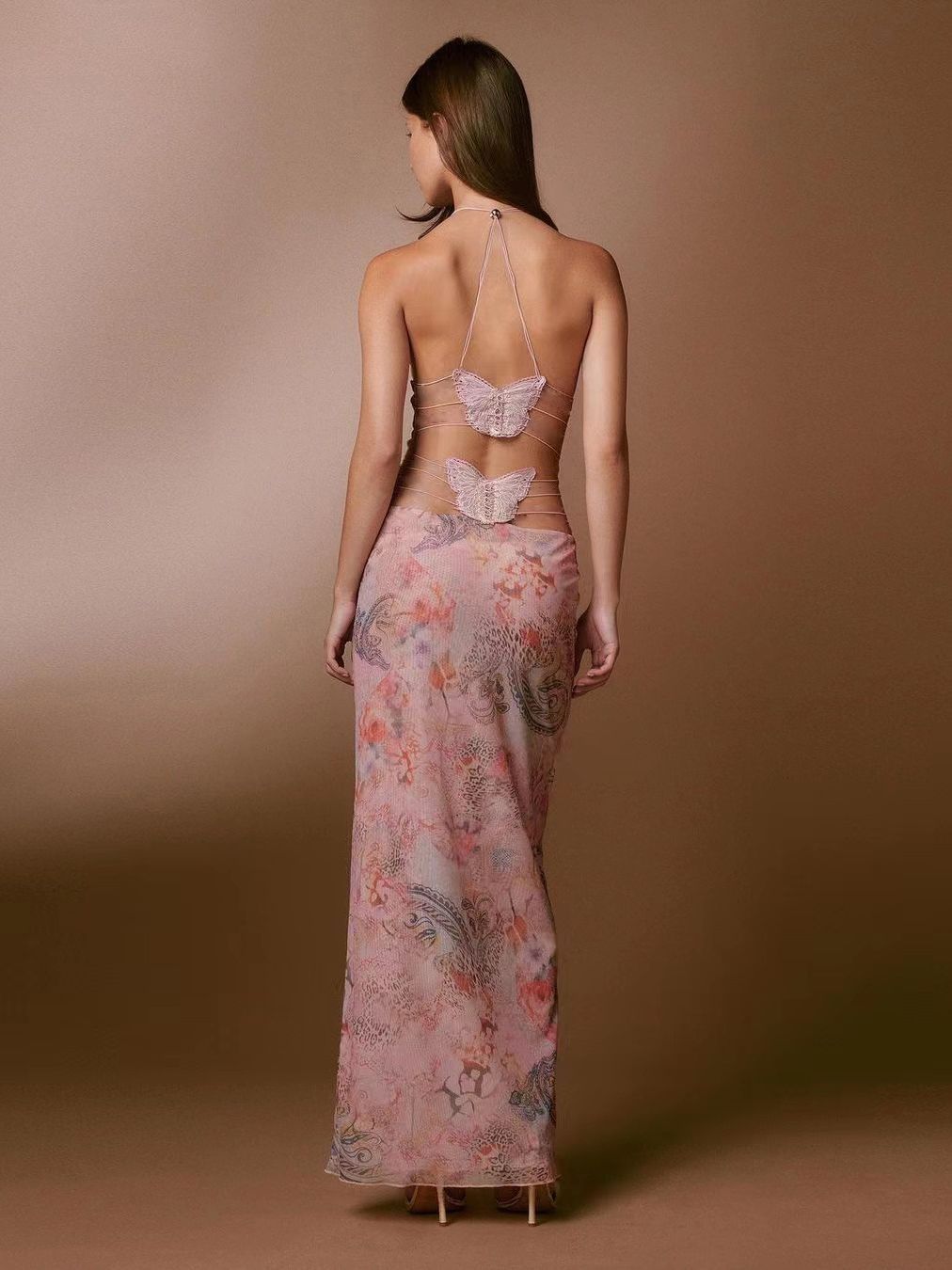 Sexy Slim Floral Print Halter Spaghetti Straps Butterfly Back Dress | Spring Summer Women's collection