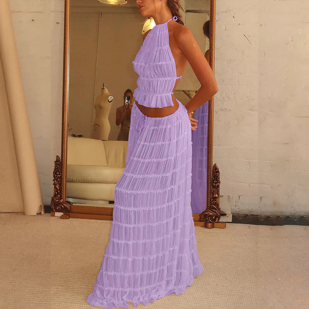 Sexy Sleeveless Backless Cropped Halter Top And Pleated Long Dress