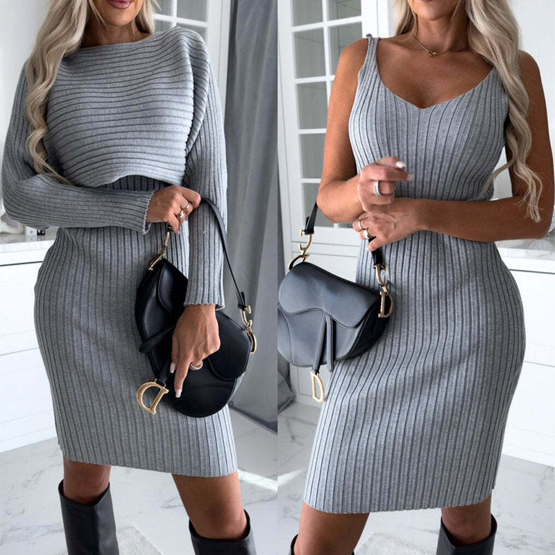 Women's Solid Stripe Long Sleeved Top And Tight Suspender Skirt | Winter Clothes for Women